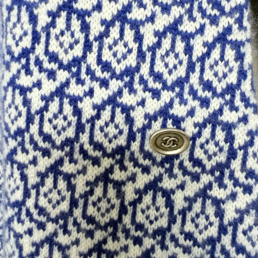 CHANEL 100% Cashmere Knit Dress Blue White Pattern Long Sleeve IT 46